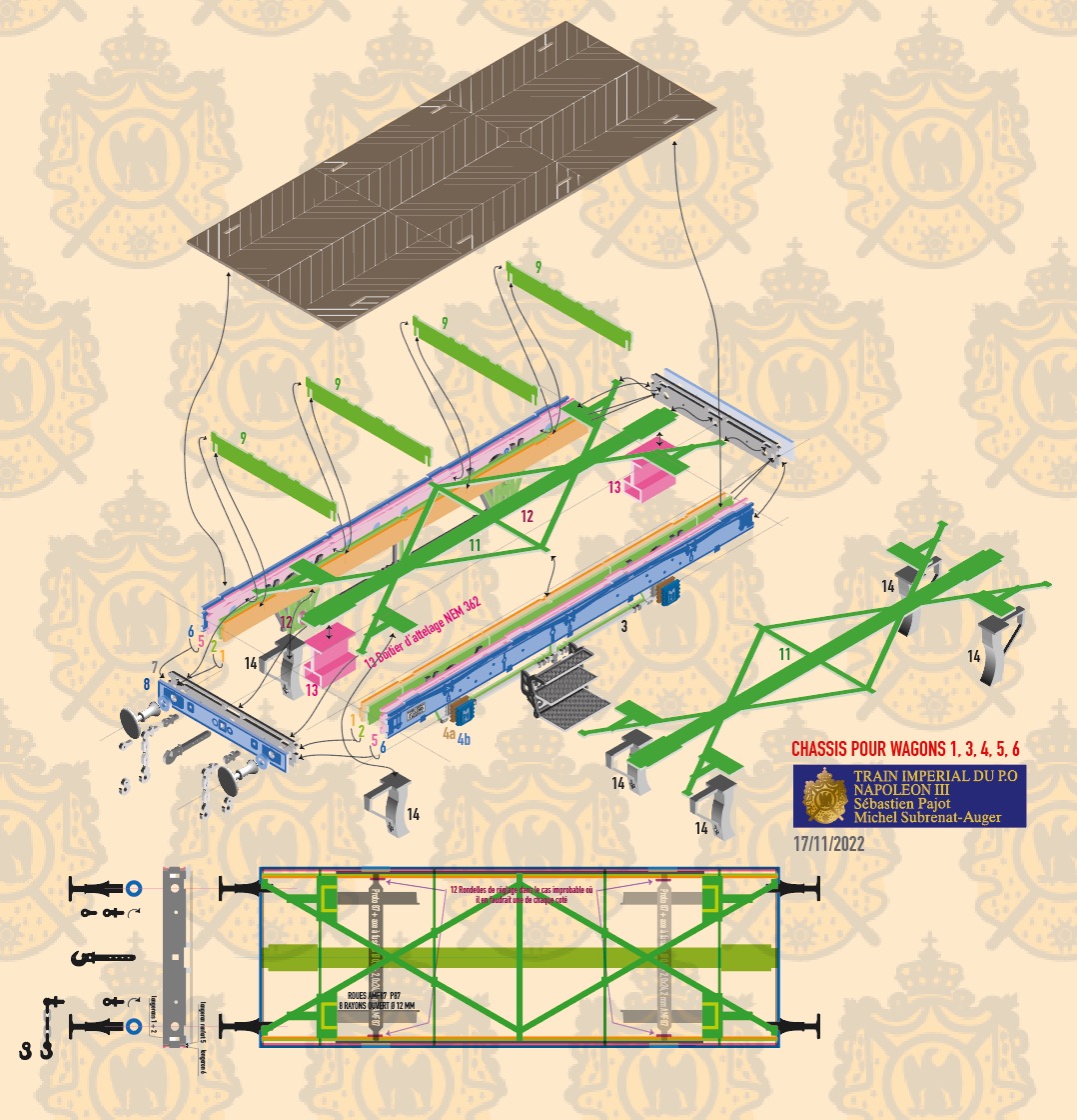 Perspective isométrique pour un des châssis à réaliser en  Maillechort de 0,3 mm, essieux + roues 8 rayons Amf87 P87