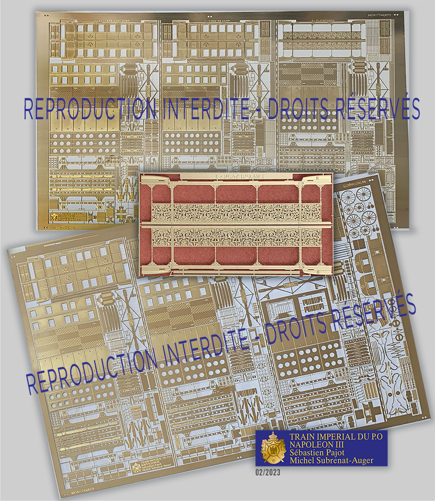 Les plaques réalisées en photogravure de laiton dur de 0,30 mm viennent d'arriver. Elles sont très belles.
Maintenant nous allons pouvoir attaquer les montages.