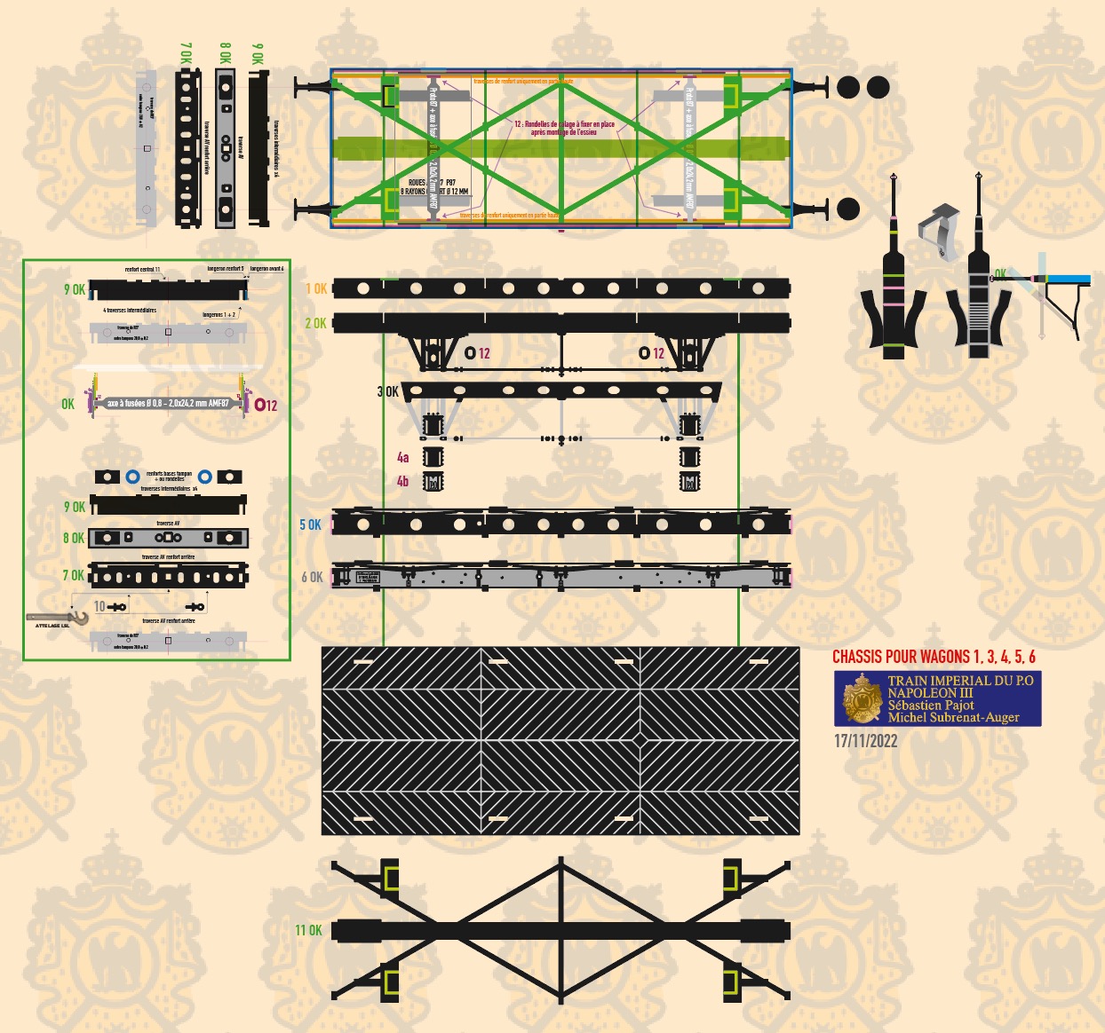Etudes sur la planche à dessin numérique des pièces des châssis des wagons 1, 3, 4, 5 et 6
